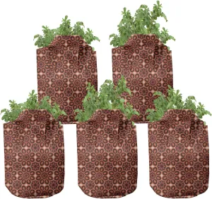 Ambesonne Vintage Grow Bags 5-Pack, Southeastern Floral Motifs, Heavyduty Fabric Pots with Handles for Plants, 5 Gallon, Maroon Brown Orange