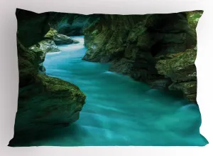 Ambesonne Waterfall Pillow Sham, Tolminka Alpine River Water and Caves Exotic Nature Travel Picture, Decorative Standard Size Printed Pillowcase, 26" X 20", Turquoise Dark Green