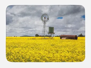 Ambesonne Windmill Bath Mat, Canola Meadow Stormy Day Victorian Goldfields Agricultural Farmland, Plush Bathroom Decor Mat with Non Slip Backing, 30.2" x 20", Yellow Grey and White