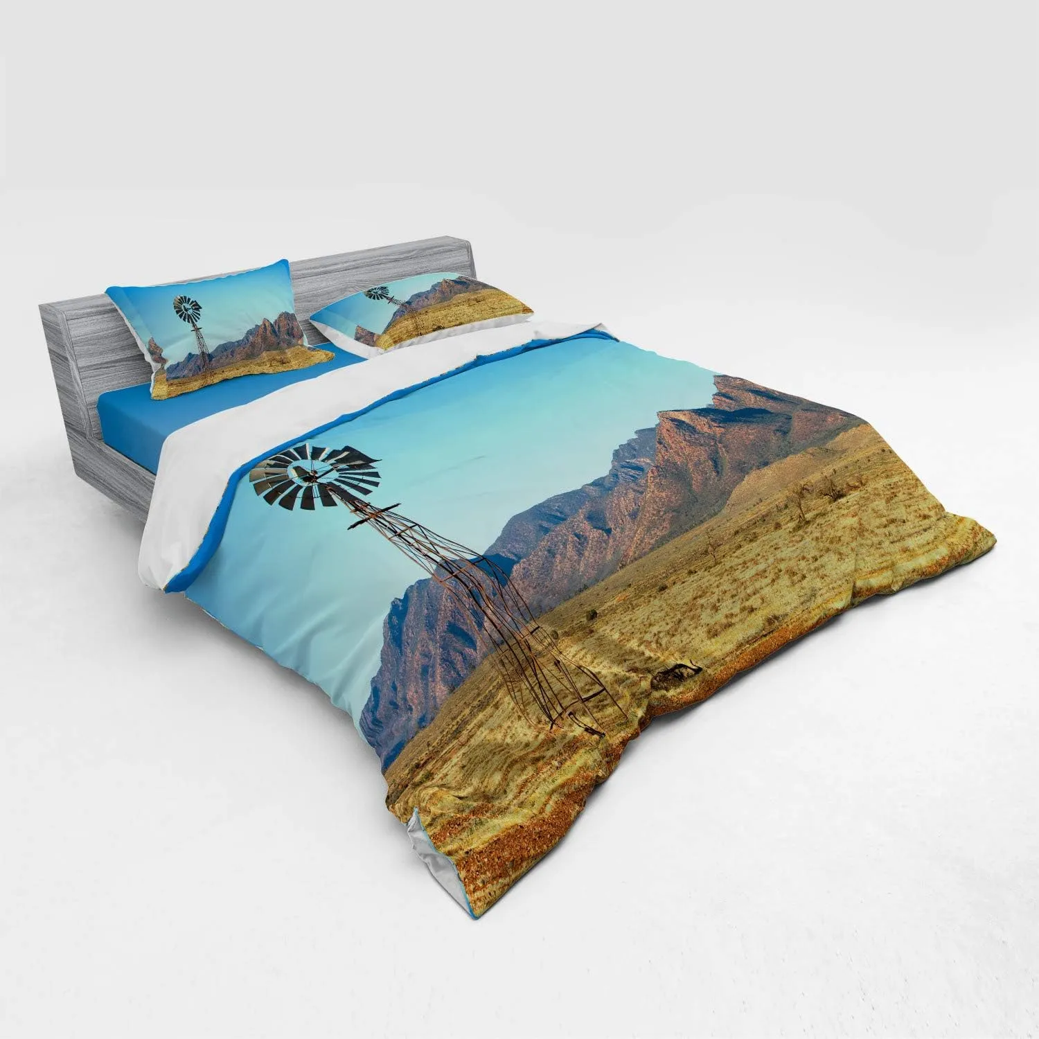Ambesonne Windmill Bedding Set, Flinders Ranges South Australia Mountains Barren Land Summer, 4 Piece Duvet Cover Set with Shams and Fitted Sheet, King Size, Earth Yellow Pale Blue