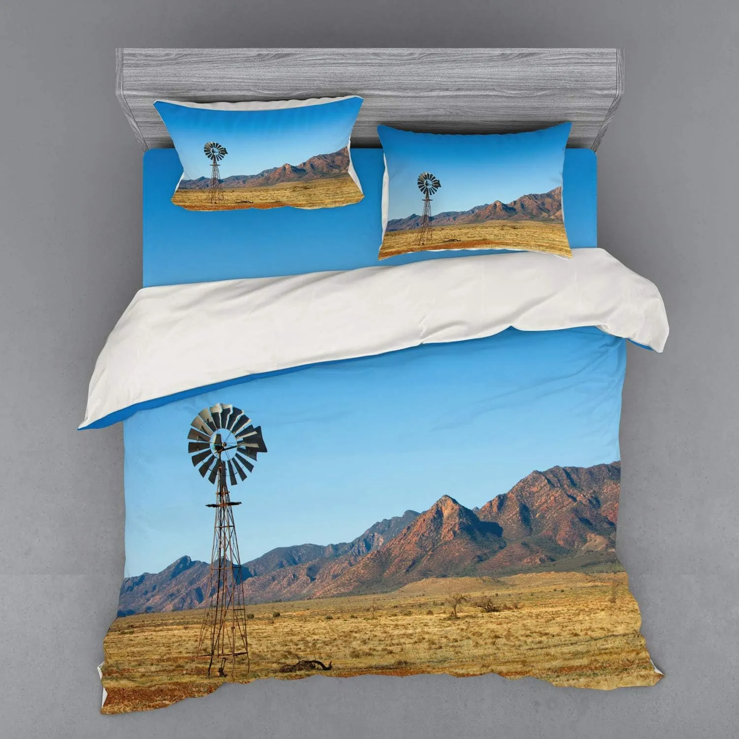 Ambesonne Windmill Bedding Set, Flinders Ranges South Australia Mountains Barren Land Summer, 4 Piece Duvet Cover Set with Shams and Fitted Sheet, King Size, Earth Yellow Pale Blue