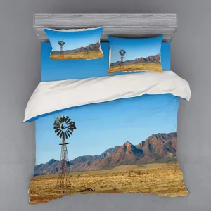 Ambesonne Windmill Bedding Set, Flinders Ranges South Australia Mountains Barren Land Summer, 4 Piece Duvet Cover Set with Shams and Fitted Sheet, King Size, Earth Yellow Pale Blue