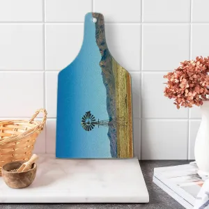 Ambesonne Windmill Cutting Board, Flinders Ranges South Australia Mountains Barren Land Summer, Decorative Tempered Glass Cutting and Serving Board, Wine Bottle Shape, Earth Yellow and Pale Blue