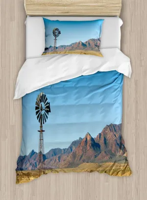 Ambesonne Windmill Duvet Cover Sets, Flinders Ranges South Australia Mountains Barren Land Summer, Bedding Set with 2 Duvet Covers & 2 Pillowcases, 2 Pack Twin Size, Earth Yellow Pale Blue