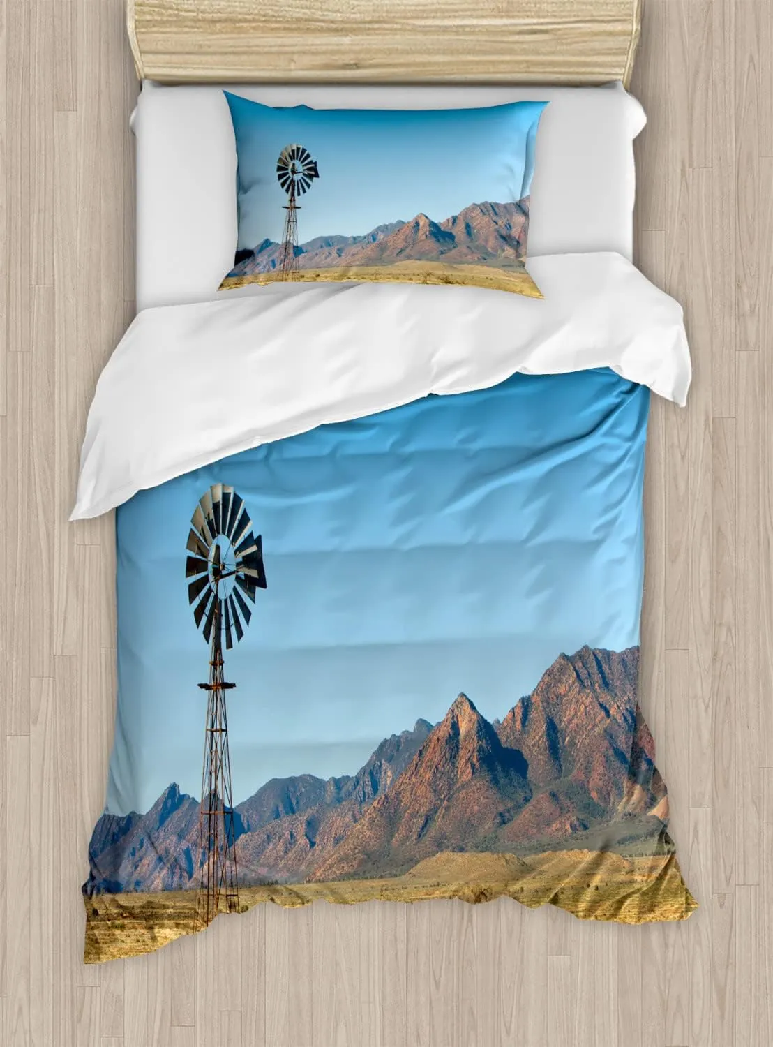 Ambesonne Windmill Duvet Cover Sets, Flinders Ranges South Australia Mountains Barren Land Summer, Bedding Set with 2 Duvet Covers & 2 Pillowcases, 2 Pack Twin Size, Earth Yellow Pale Blue