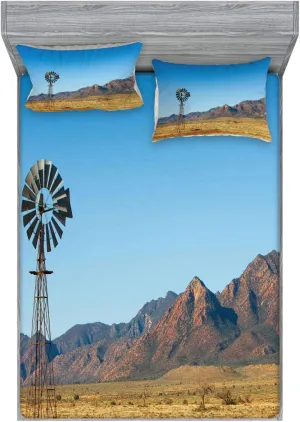 Ambesonne Windmill Fitted Sheet & Pillow Sham Set, Flinders Ranges South Australia Mountains Barren Land Summer, Decorative Printed 3 Piece Bedding Decor Set, King, Earth Yellow Pale Blue