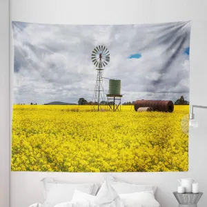 Ambesonne Windmill Tapestry King Size, Canola Meadow Stormy Day Victorian Goldfields Agricultural Farmland, Wall Hanging Bedspread Bed Cover Wall Decor, 104" X 88", Yellow Grey and White