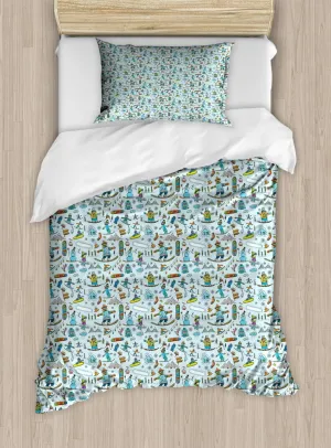Ambesonne Winter Duvet Cover Set, Seasonal Sports Skiing Boy Mountain Ice Snowman Alpine Vacation Childish Theme, Decorative 2 Piece Bedding Set with 1 Pillow Sham, Twin Size, Multicolor