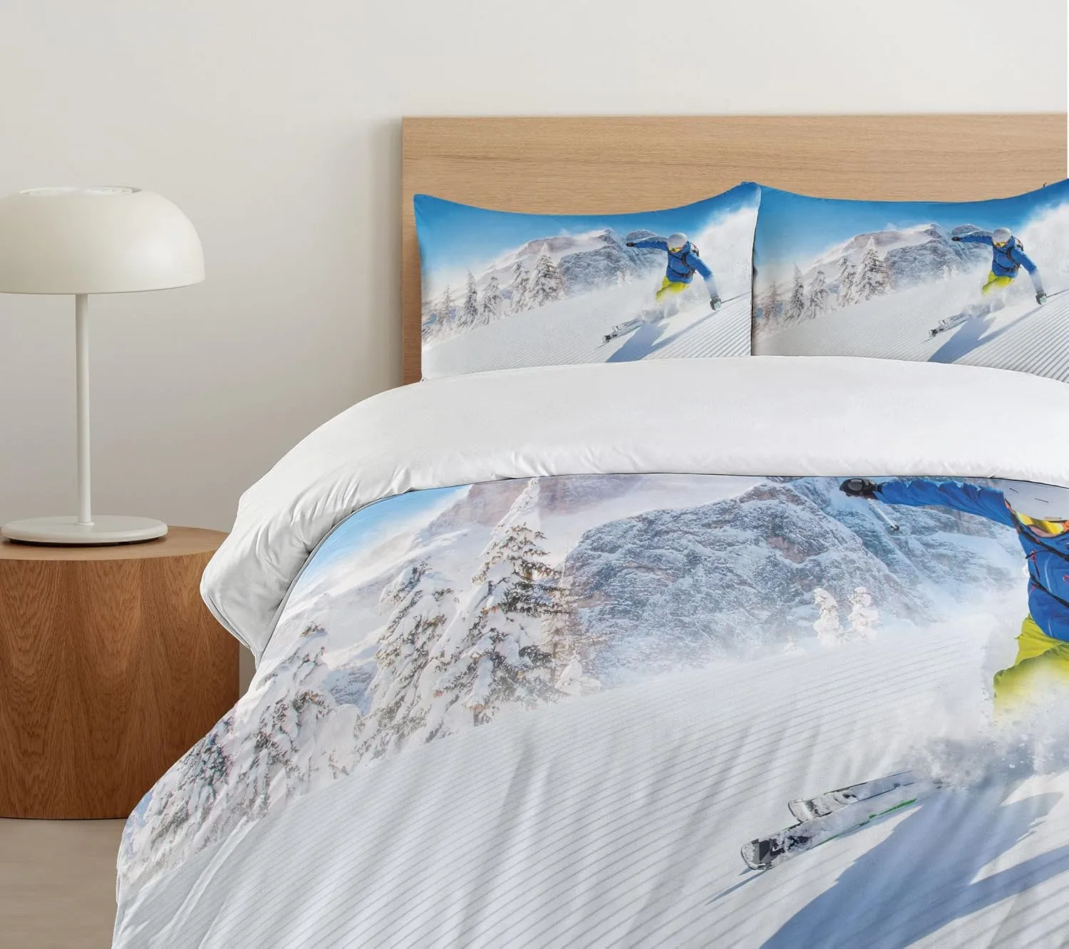 Ambesonne Winter Duvet Cover Set, Skier Skiing Downhill in High Mountains Extreme Winter Sports Hobby Activity, Decorative 2 Piece Bedding Set with 1 Pillow Sham, Twin Size, Blue White Yellow