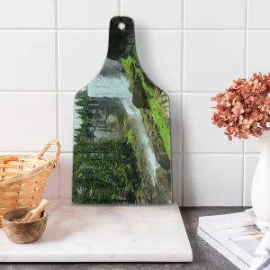 Ambesonne Yosemite Cutting Board, Vernal Fall Yosemite National Park Alpine Forest Rocks Wild Natural Scenic Photo, Decorative Tempered Glass Cutting and Serving Board, Wine Bottle Shape, White Green