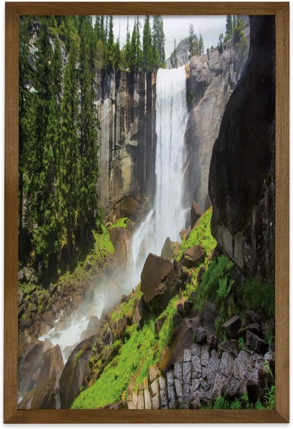 Ambesonne Yosemite Framed Wall Art, Vernal Fall Yosemite National Park Alpine Forest Rocks Wild Natural Scenic Photo, Fabric Decor with Teak Tone Wood Frame Home & Dorm Decor, 23" x 35", White Green