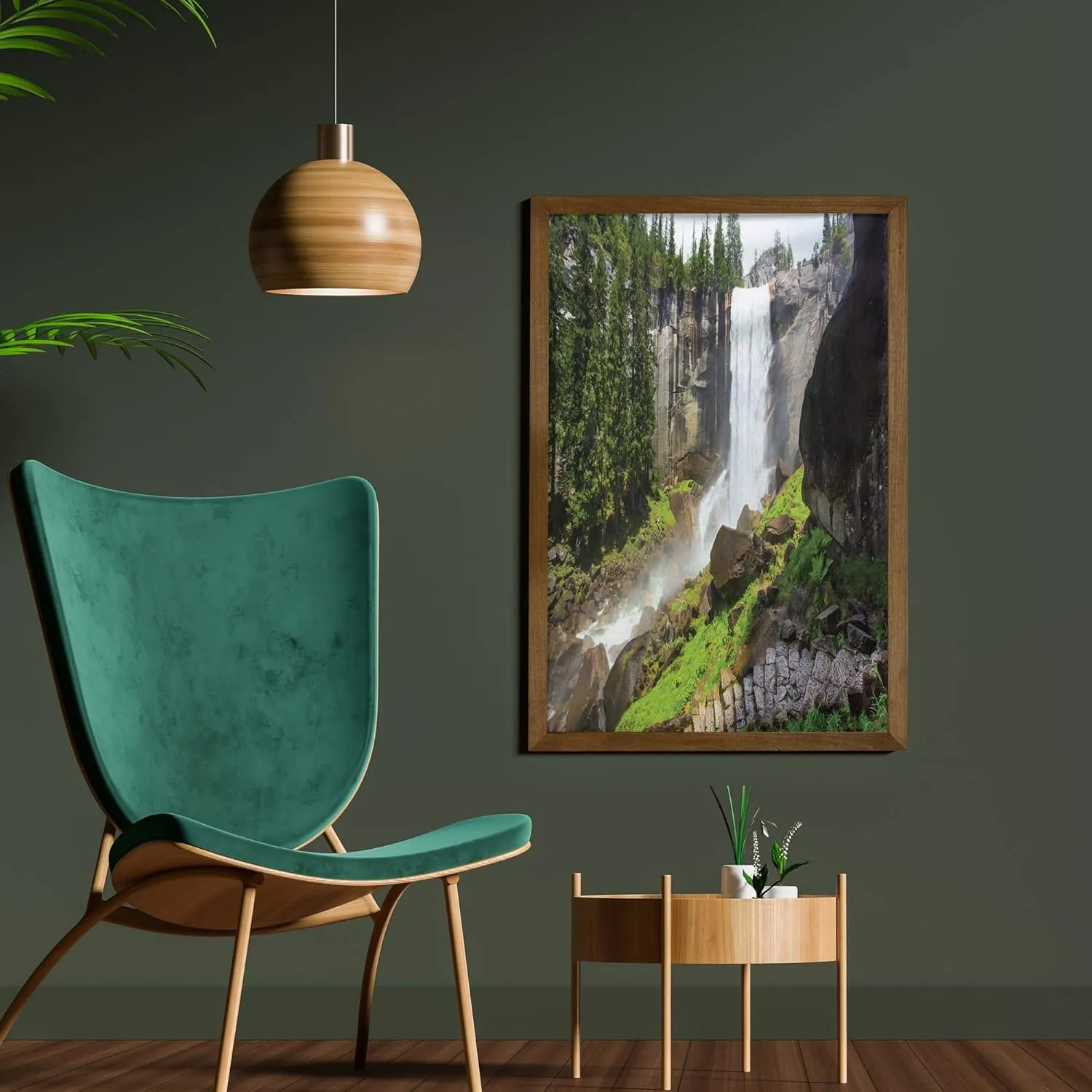 Ambesonne Yosemite Framed Wall Art, Vernal Fall Yosemite National Park Alpine Forest Rocks Wild Natural Scenic Photo, Fabric Decor with Teak Tone Wood Frame Home & Dorm Decor, 23" x 35", White Green