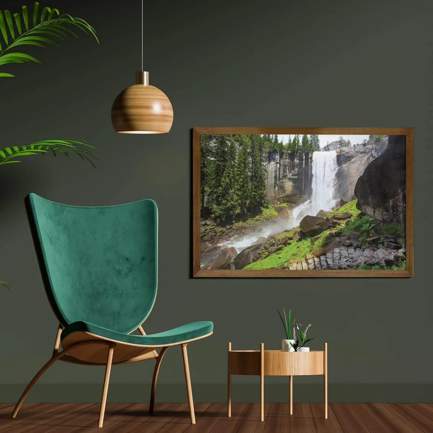 Ambesonne Yosemite Framed Wall Art, Vernal Fall Yosemite National Park Alpine Forest Rocks Wild Natural Scenic Photo, Fabric Decor with Teak Tone Wood Frame Home & Dorm Decor, 35" x 23", White Green