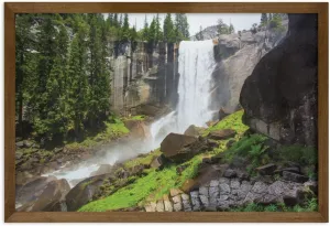 Ambesonne Yosemite Framed Wall Art, Vernal Fall Yosemite National Park Alpine Forest Rocks Wild Natural Scenic Photo, Fabric Decor with Teak Tone Wood Frame Home & Dorm Decor, 35" x 23", White Green