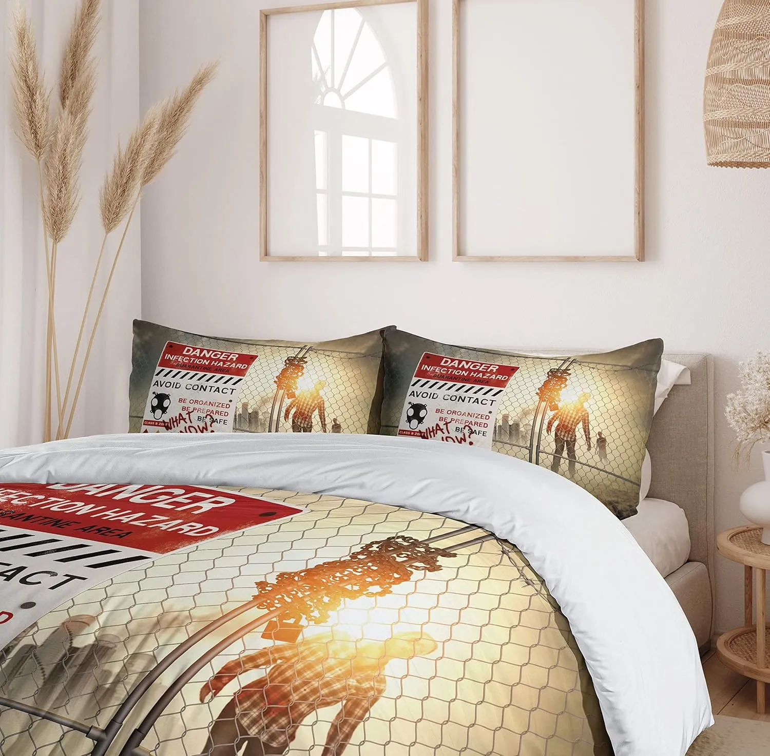 Ambesonne Zombie Duvet Cover Set, Dead Man Walking in Dark Danger Scary Scene Fiction Halloween Infection Picture, Decorative 3 Piece Bedding Set with 2 Pillow Shams, Queen Size, Red Sepia