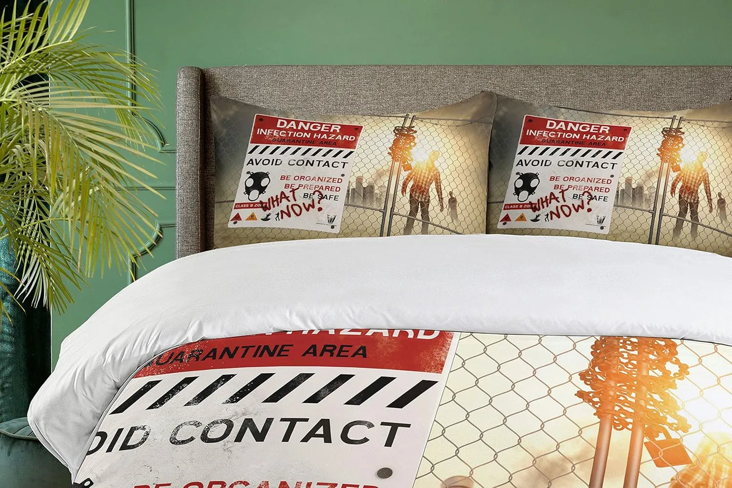 Ambesonne Zombie Duvet Cover Set, Dead Man Walking in Dark Danger Scary Scene Fiction Halloween Infection Picture, Decorative 3 Piece Bedding Set with 2 Pillow Shams, Queen Size, Red Sepia