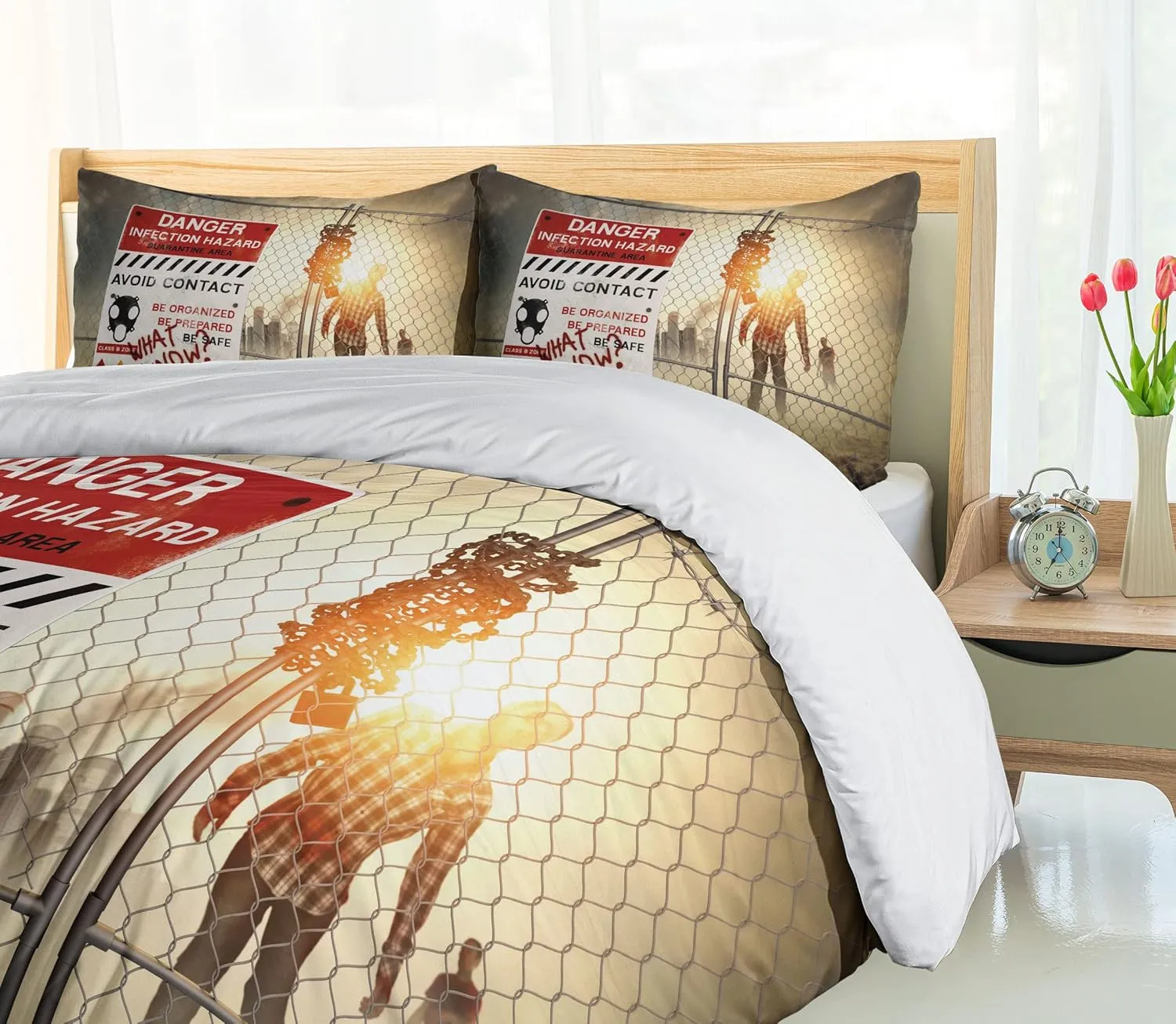 Ambesonne Zombie Duvet Cover Set, Dead Man Walking in Dark Danger Scary Scene Fiction Halloween Infection Picture, Decorative 3 Piece Bedding Set with 2 Pillow Shams, Queen Size, Red Sepia