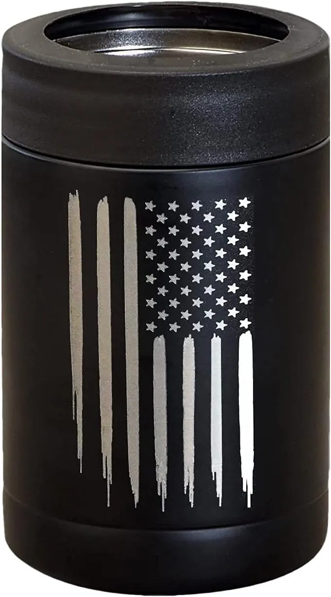 American Flag Insulated Can Cooler - Stainless Steel Bottle Cooler - Engraved USA Flag - American Flag Gifts | Disabled USMC Vet Owned Small Business