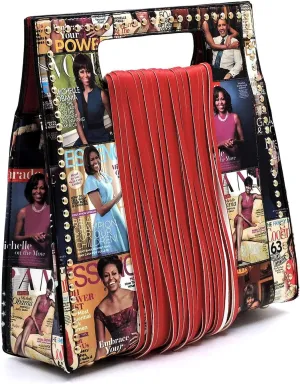 Amy & Joey Glossy Magazine Cover Collage Michelle Obama Printed Fringe and Studs Crossbody Boxy Satchel (Multi/Red)