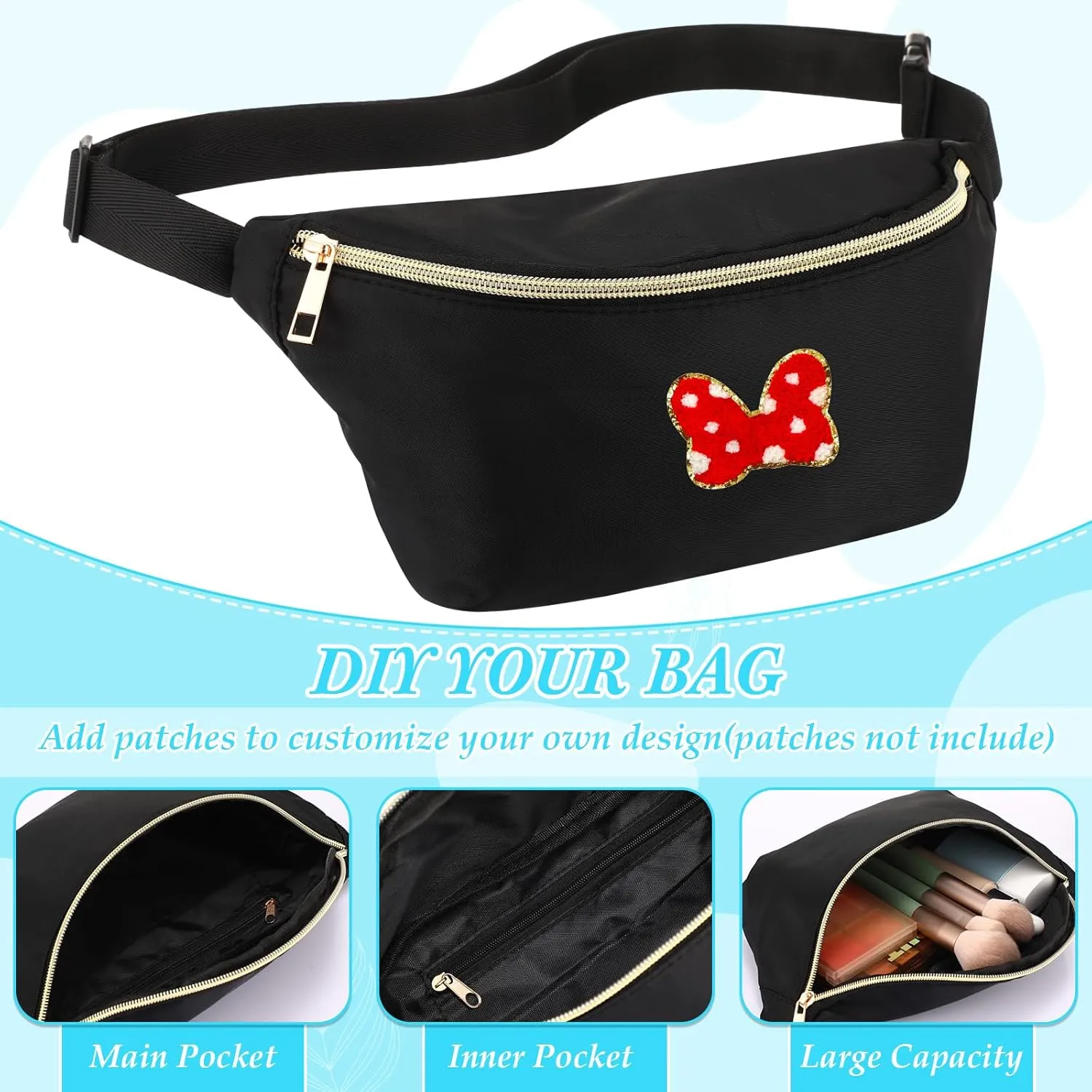 Amylove 9 Pieces Fanny Packs Nylon Waist Bag Zipper Travel Running Bag with Adjustable Strap for Women Men(Black)