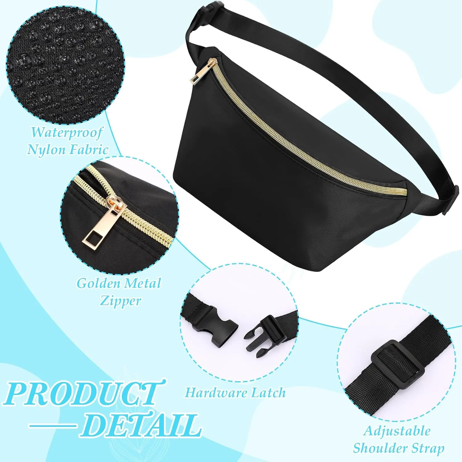 Amylove 9 Pieces Fanny Packs Nylon Waist Bag Zipper Travel Running Bag with Adjustable Strap for Women Men(Black)