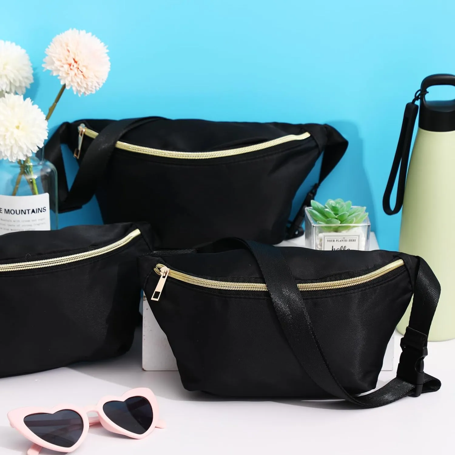 Amylove 9 Pieces Fanny Packs Nylon Waist Bag Zipper Travel Running Bag with Adjustable Strap for Women Men(Black)