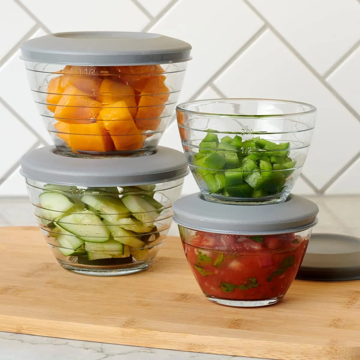 Anchor Hocking 4-IN-1 PREP BOWLS. 6 Piece set (3 Bowls and 3 lids)