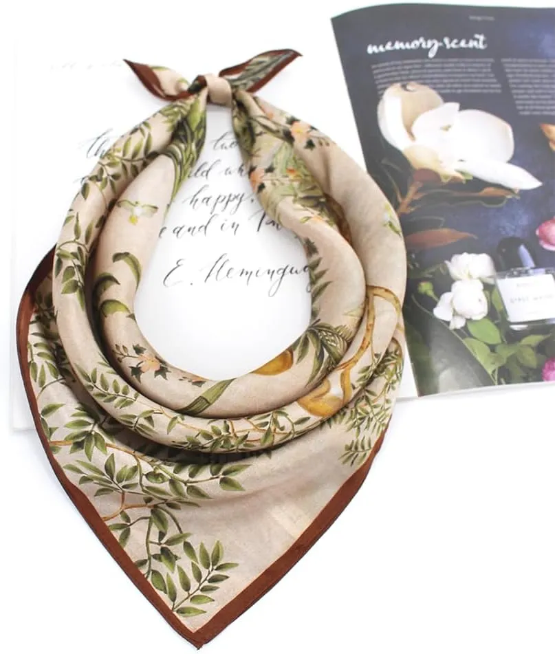ANDANTINO 100% Pure Mulberry Silk Small Square Scarves -21'' x 21''- Digital Printed Neckerchief –Women Men Lightweight Scarf