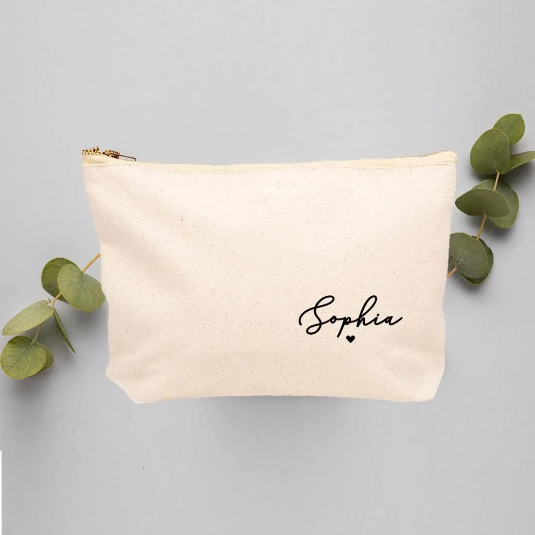 Andaz Press Personalized Makeup Bags for Women Bridesmaid Proposal Gifts Canvas Cosmetic Bag with Zipper Minimal Custom Name Heart Makeup Pouch For Bridesmaids Girls Weekend Gifts for Women 6.5" x 9"