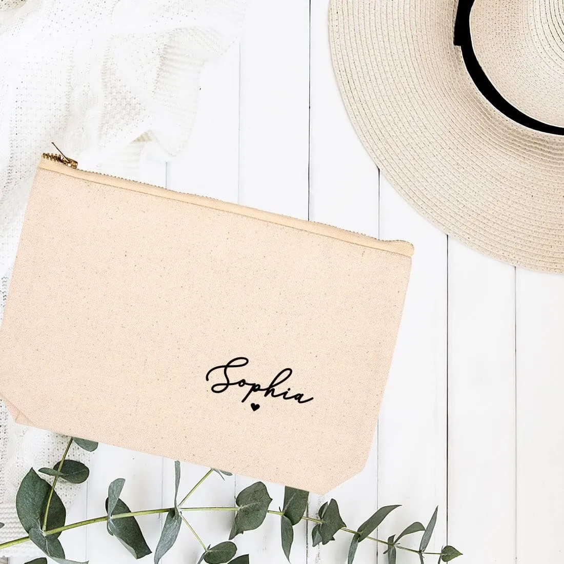 Andaz Press Personalized Makeup Bags for Women Bridesmaid Proposal Gifts Canvas Cosmetic Bag with Zipper Minimal Custom Name Heart Makeup Pouch For Bridesmaids Girls Weekend Gifts for Women 6.5" x 9"