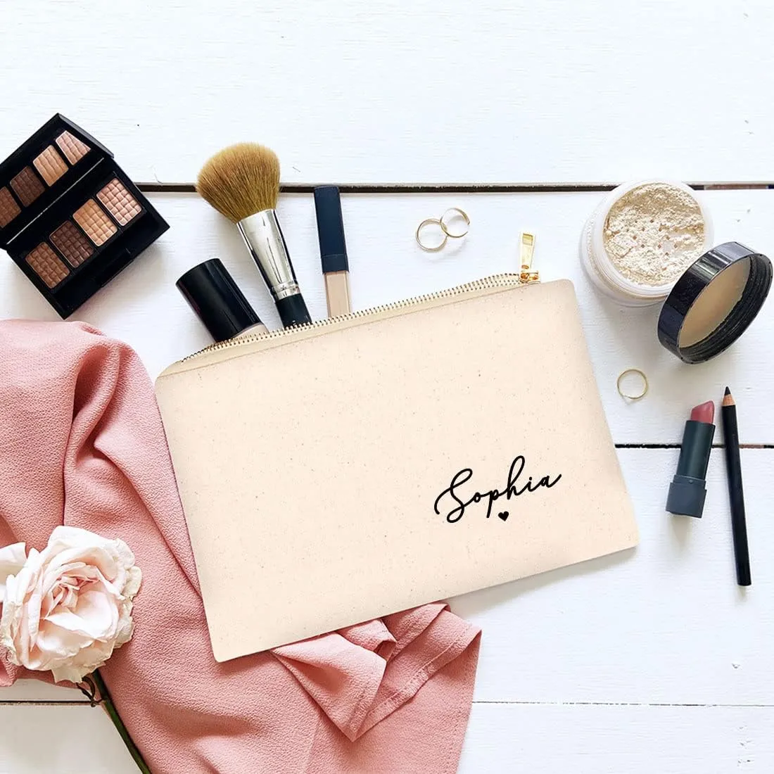 Andaz Press Personalized Makeup Bags for Women Bridesmaid Proposal Gifts Canvas Cosmetic Bag with Zipper Minimal Custom Name Heart Makeup Pouch For Bridesmaids Girls Weekend Gifts for Women 6.5" x 9"