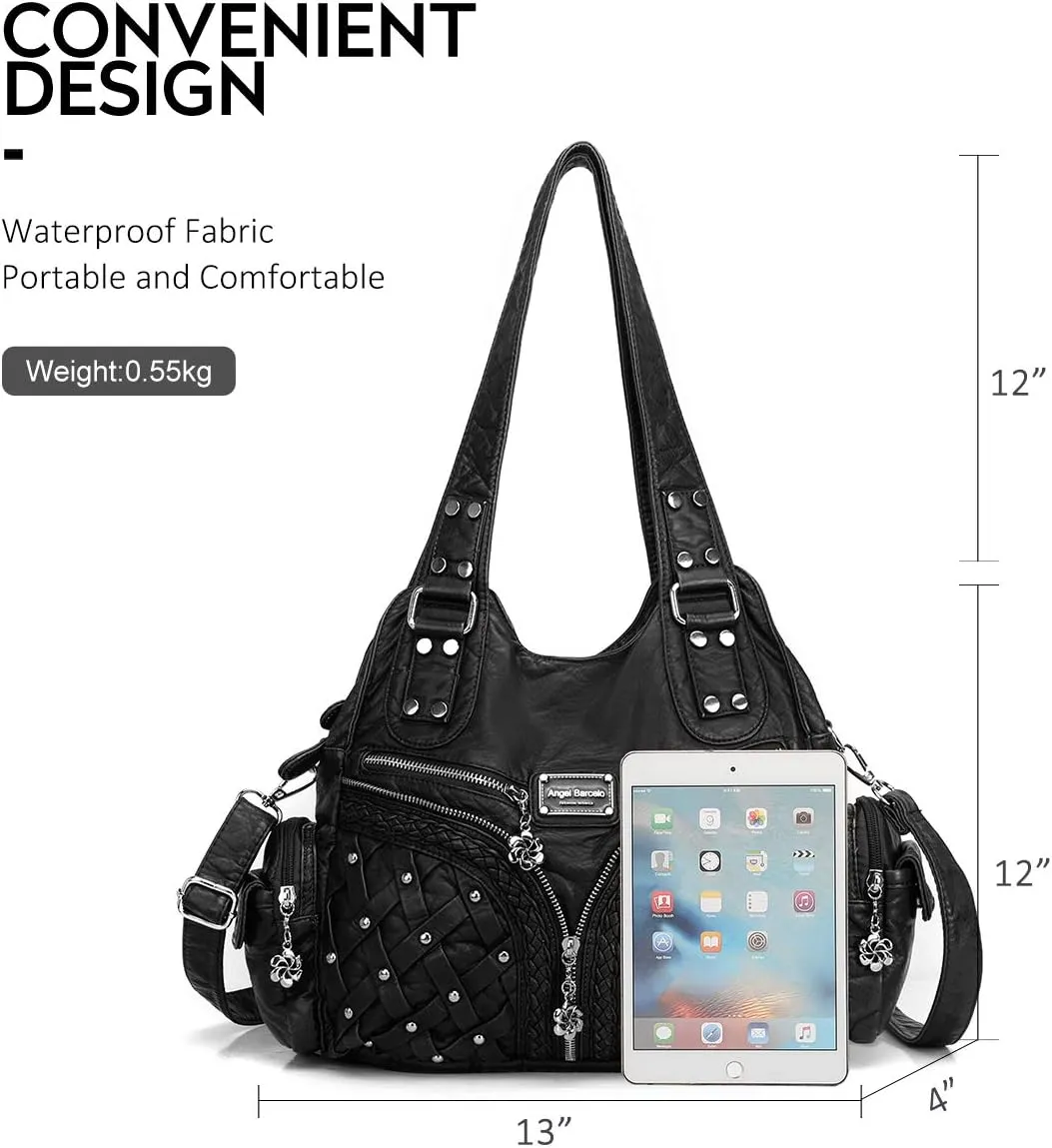 Angel Barcelo Purses and Handbags Women Tote Shoulder Top Handle Satchel Hobo Bags Fashion Washed PU Leather Purse