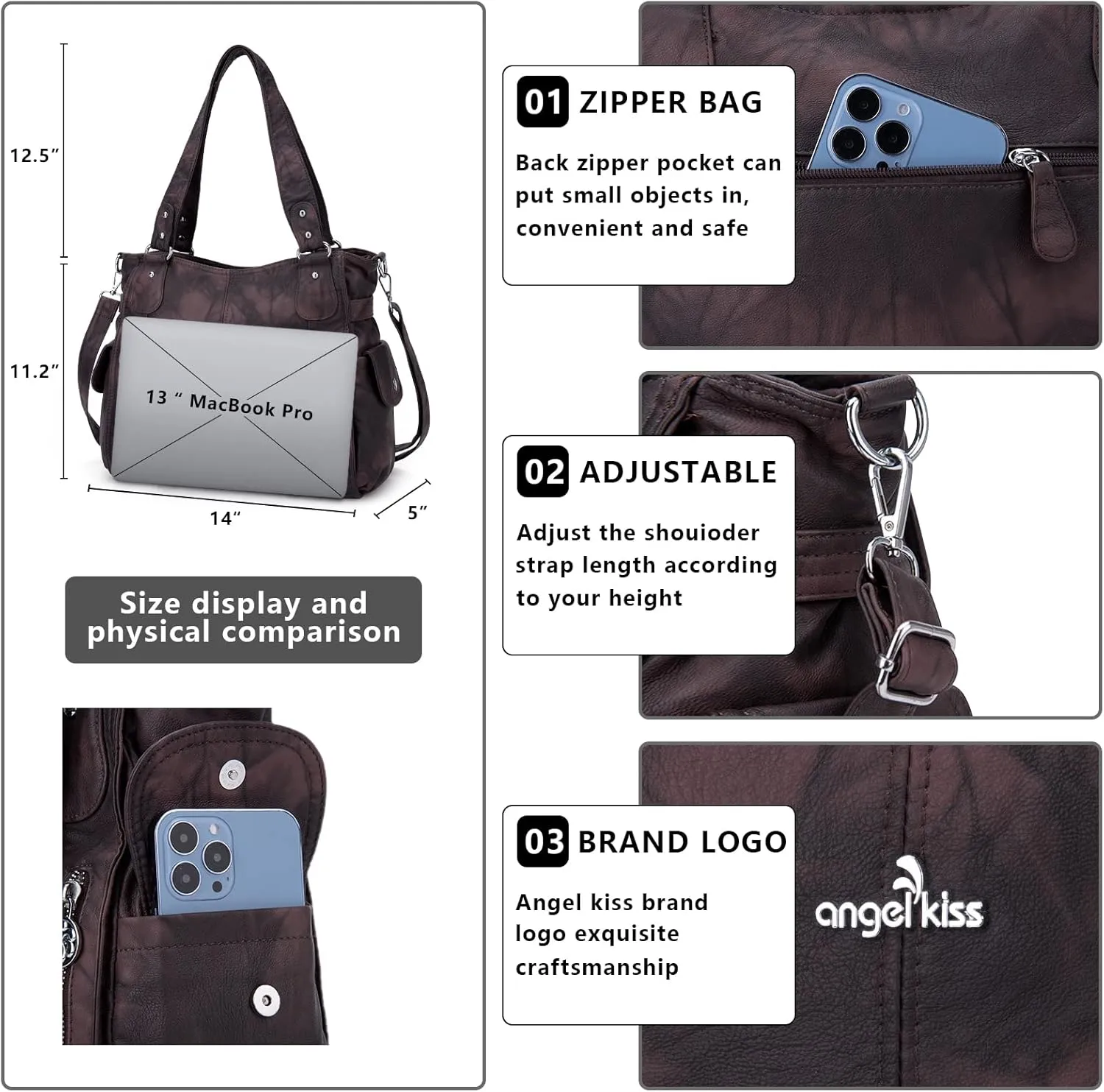 Angel Kiss Handbags for Womens Top-Handle Hobo Purse Roomy Casual Shoulder Bags PU Tote Satchel Purse for Women