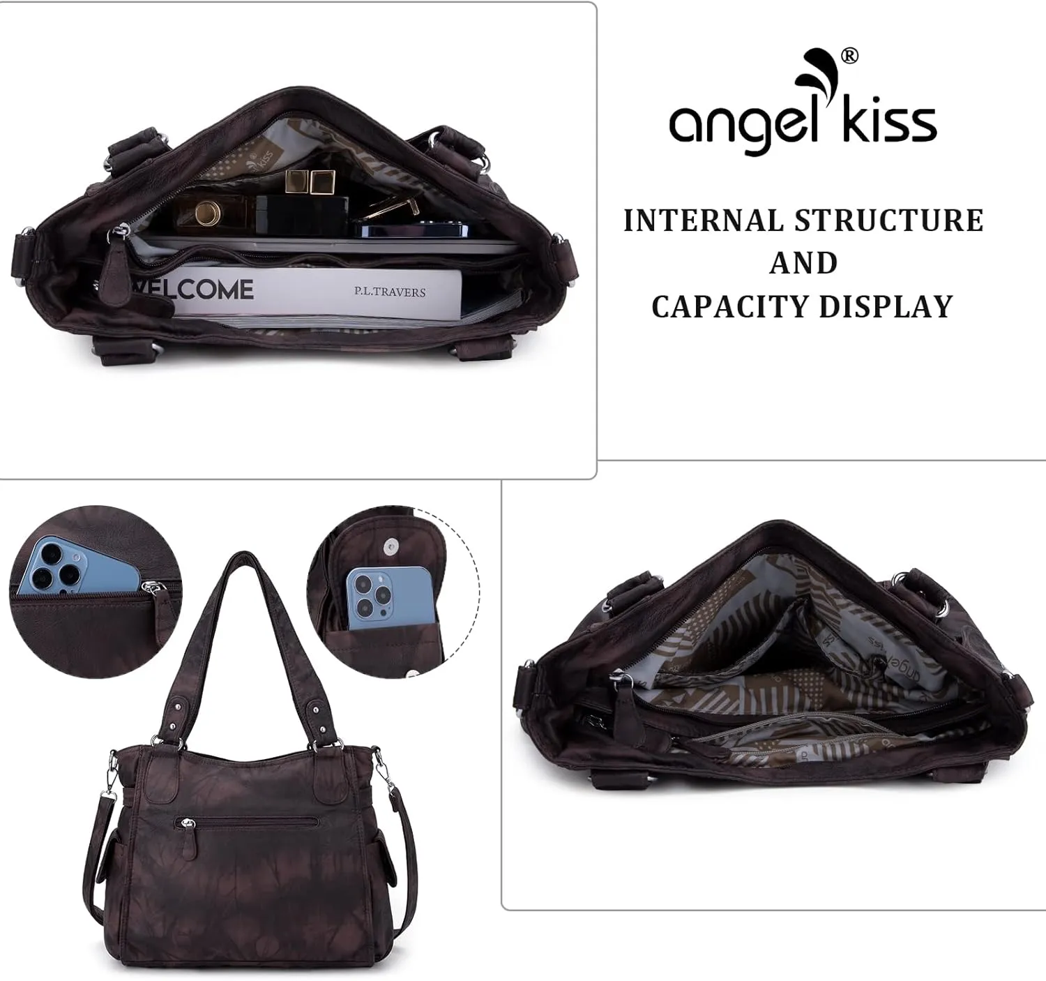 Angel Kiss Handbags for Womens Top-Handle Hobo Purse Roomy Casual Shoulder Bags PU Tote Satchel Purse for Women