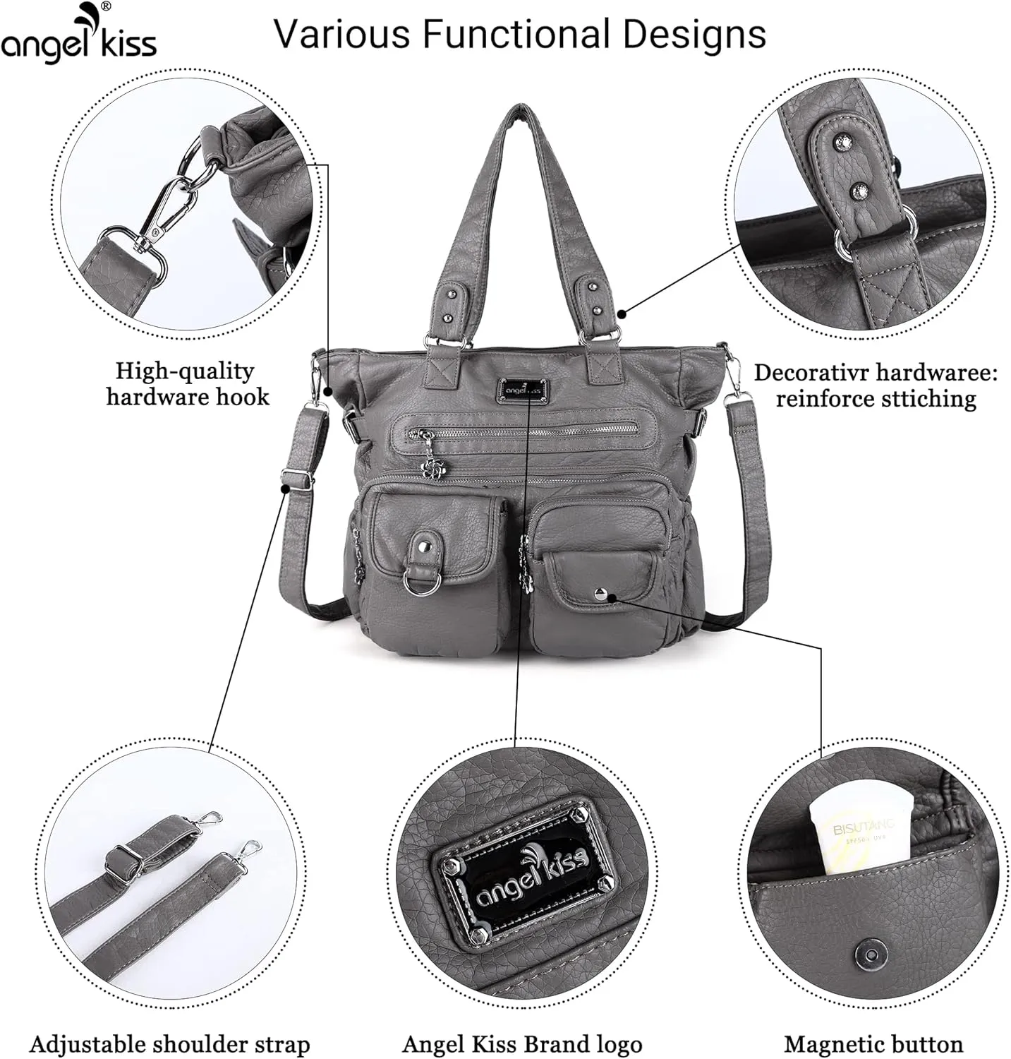 Angelkiss Purses Handbags for Women PU Tote Satchel Bags for Women Pockets Shoulder Bags…