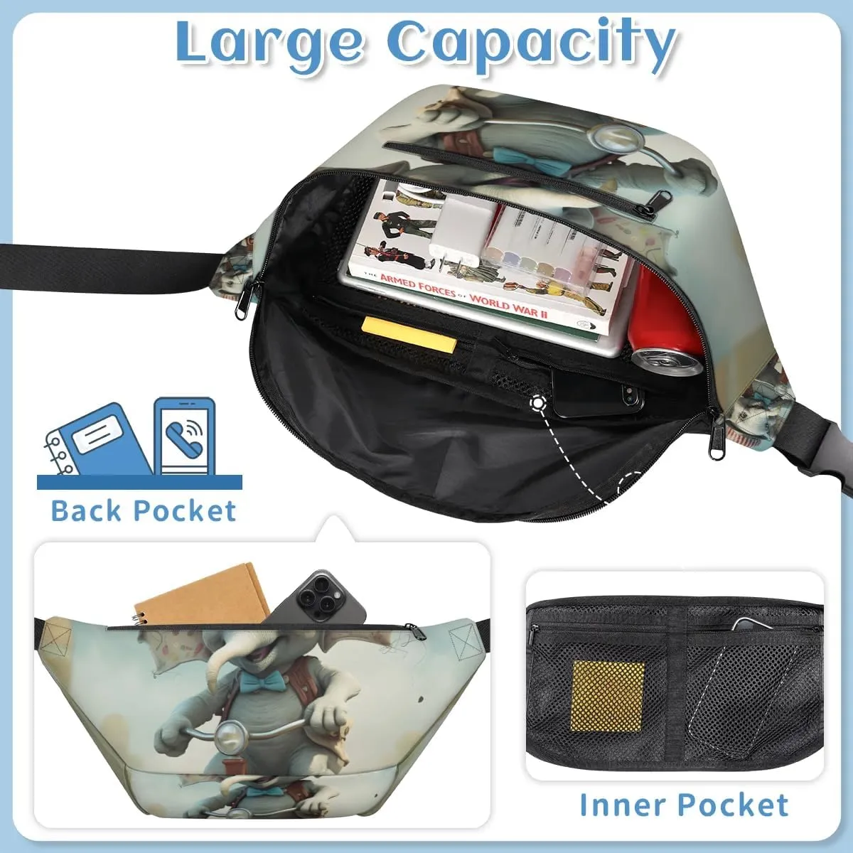 Animal Elephant Sling Bag Crossbody Backpack Chest Daypack for Women Sport Travel Hiking Casual Bag Multipurpose Waist Pack With Zipper Closure Adjustable Strap Shoulder Bag