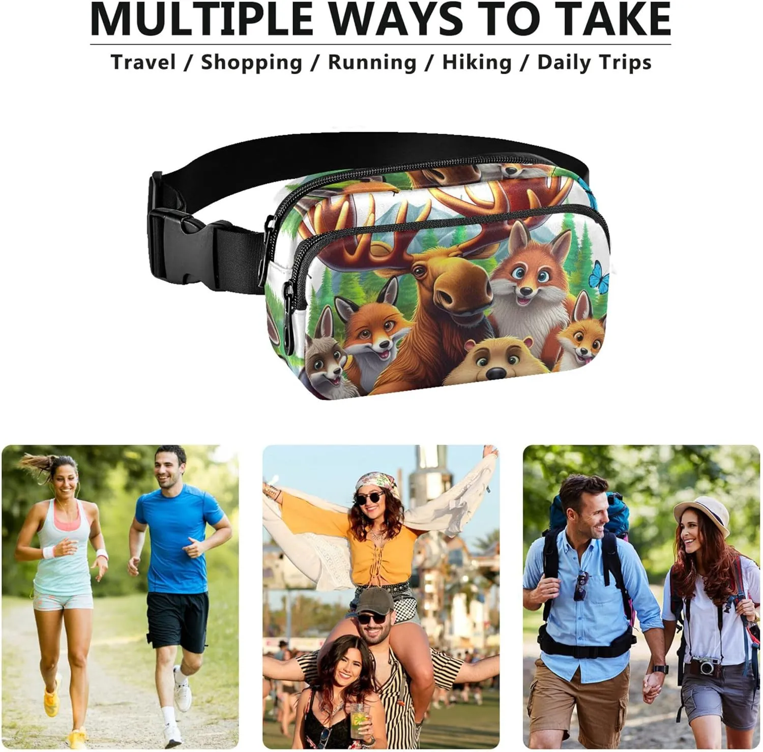 Animals Selfie Fox Bear Funny Women Fanny Packs Neon Hip Bag Belt Purse Waterproof Waist Purse for Women