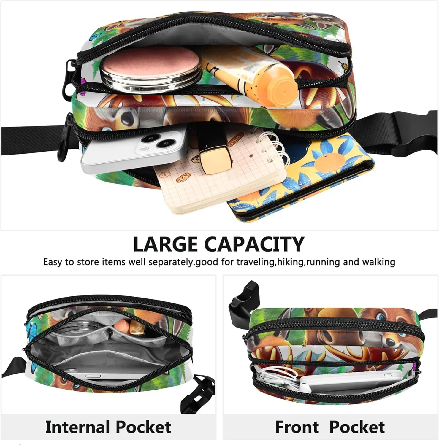Animals Selfie Fox Bear Funny Women Fanny Packs Neon Hip Bag Belt Purse Waterproof Waist Purse for Women