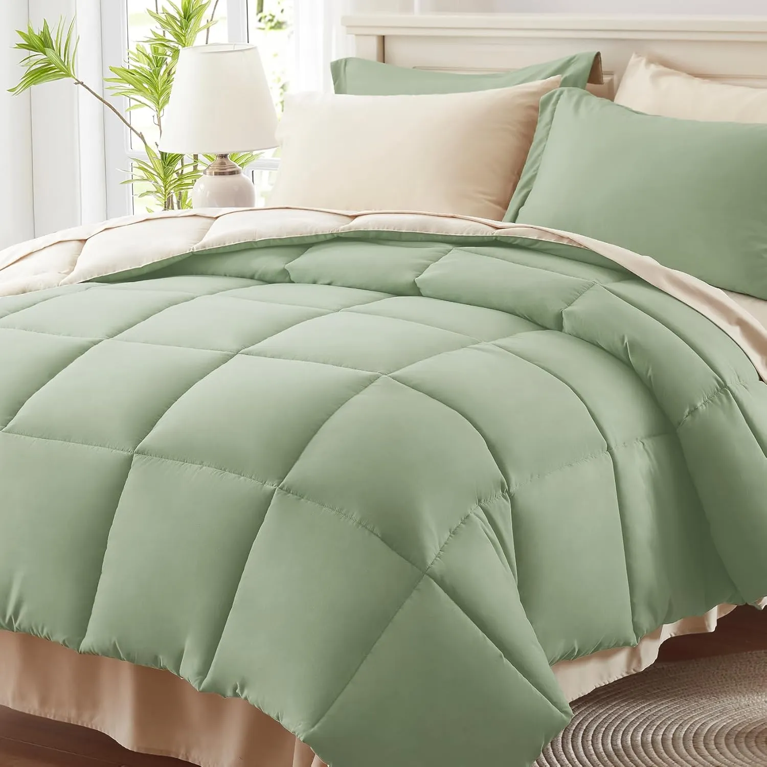 Anluoer Queen Comforter Set 7 Piece, Sage Green Bed in a Bag with Sheets, All Season Bedding Comforter Sets with 1 Comforter, 2 Pillow Shams, 2 Pillowcases, 1 Flat Sheet,1 Fitted Sheet