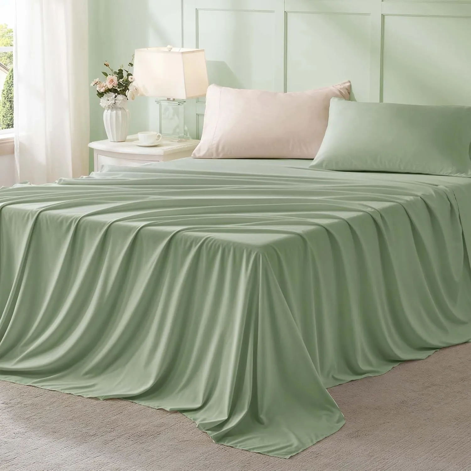 Anluoer Queen Comforter Set 7 Piece, Sage Green Bed in a Bag with Sheets, All Season Bedding Comforter Sets with 1 Comforter, 2 Pillow Shams, 2 Pillowcases, 1 Flat Sheet,1 Fitted Sheet