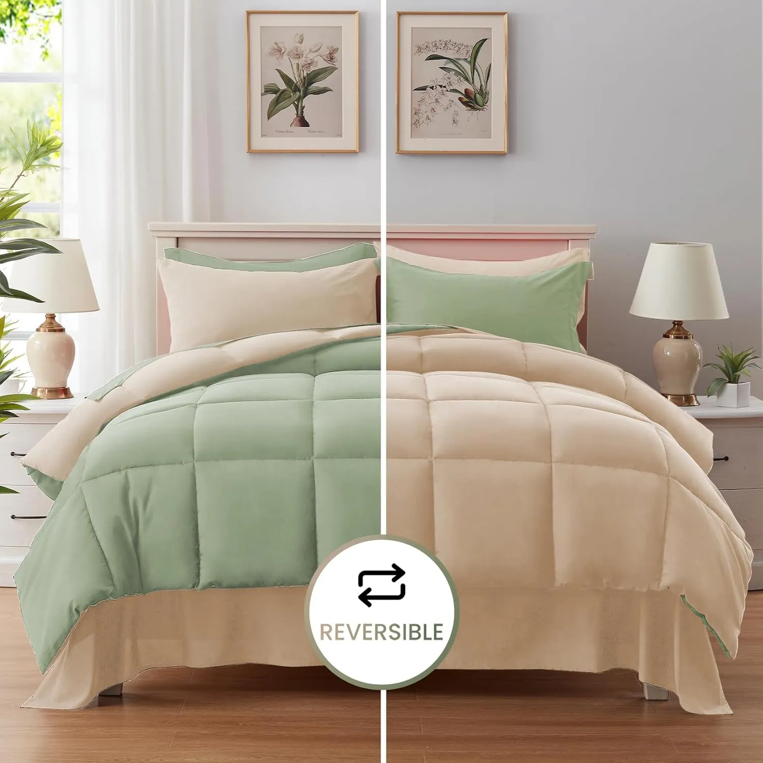 Anluoer Queen Comforter Set 7 Piece, Sage Green Bed in a Bag with Sheets, All Season Bedding Comforter Sets with 1 Comforter, 2 Pillow Shams, 2 Pillowcases, 1 Flat Sheet,1 Fitted Sheet
