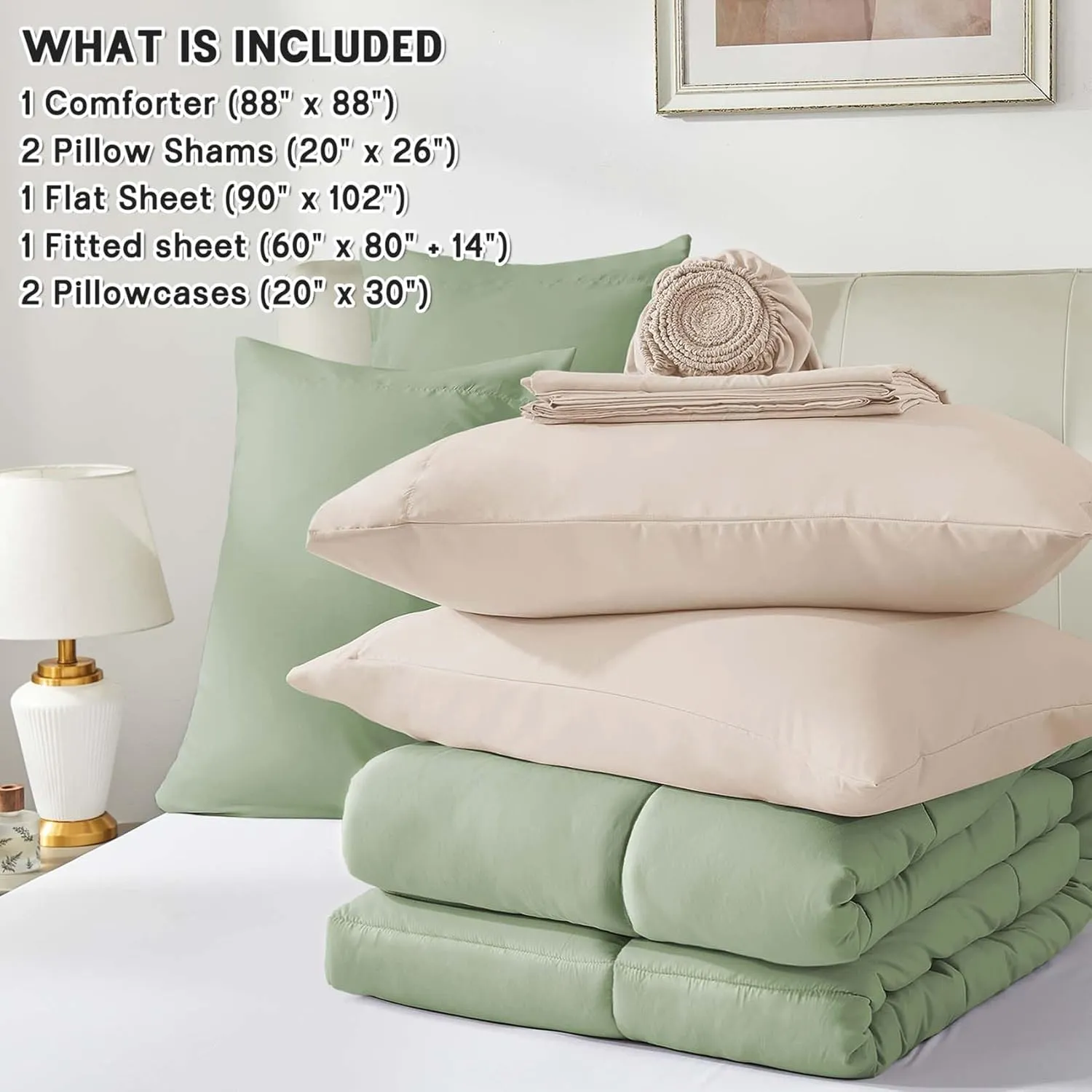 Anluoer Queen Comforter Set 7 Piece, Sage Green Bed in a Bag with Sheets, All Season Bedding Comforter Sets with 1 Comforter, 2 Pillow Shams, 2 Pillowcases, 1 Flat Sheet,1 Fitted Sheet