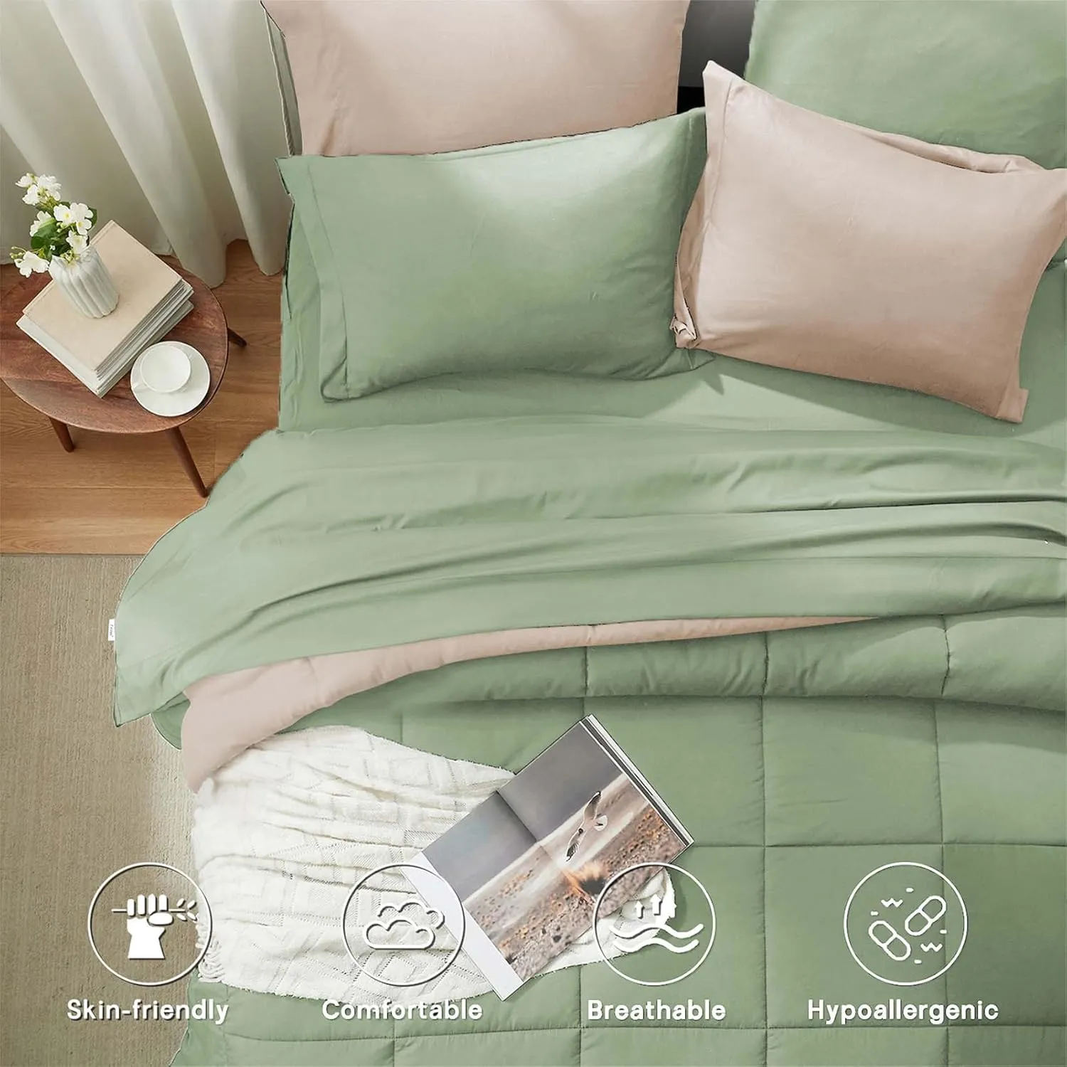 Anluoer Queen Comforter Set 7 Piece, Sage Green Bed in a Bag with Sheets, All Season Bedding Comforter Sets with 1 Comforter, 2 Pillow Shams, 2 Pillowcases, 1 Flat Sheet,1 Fitted Sheet