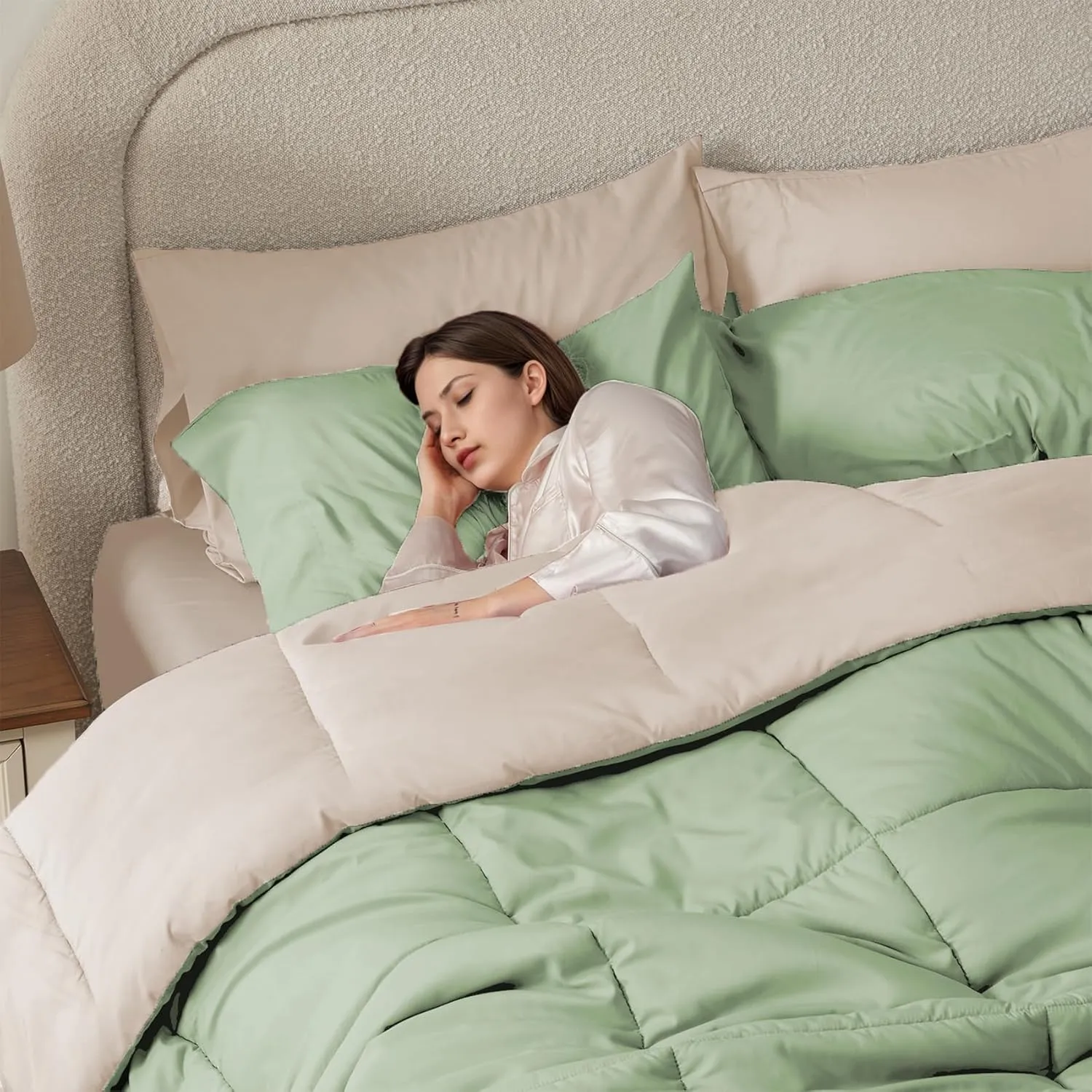Anluoer Queen Comforter Set 7 Piece, Sage Green Bed in a Bag with Sheets, All Season Bedding Comforter Sets with 1 Comforter, 2 Pillow Shams, 2 Pillowcases, 1 Flat Sheet,1 Fitted Sheet