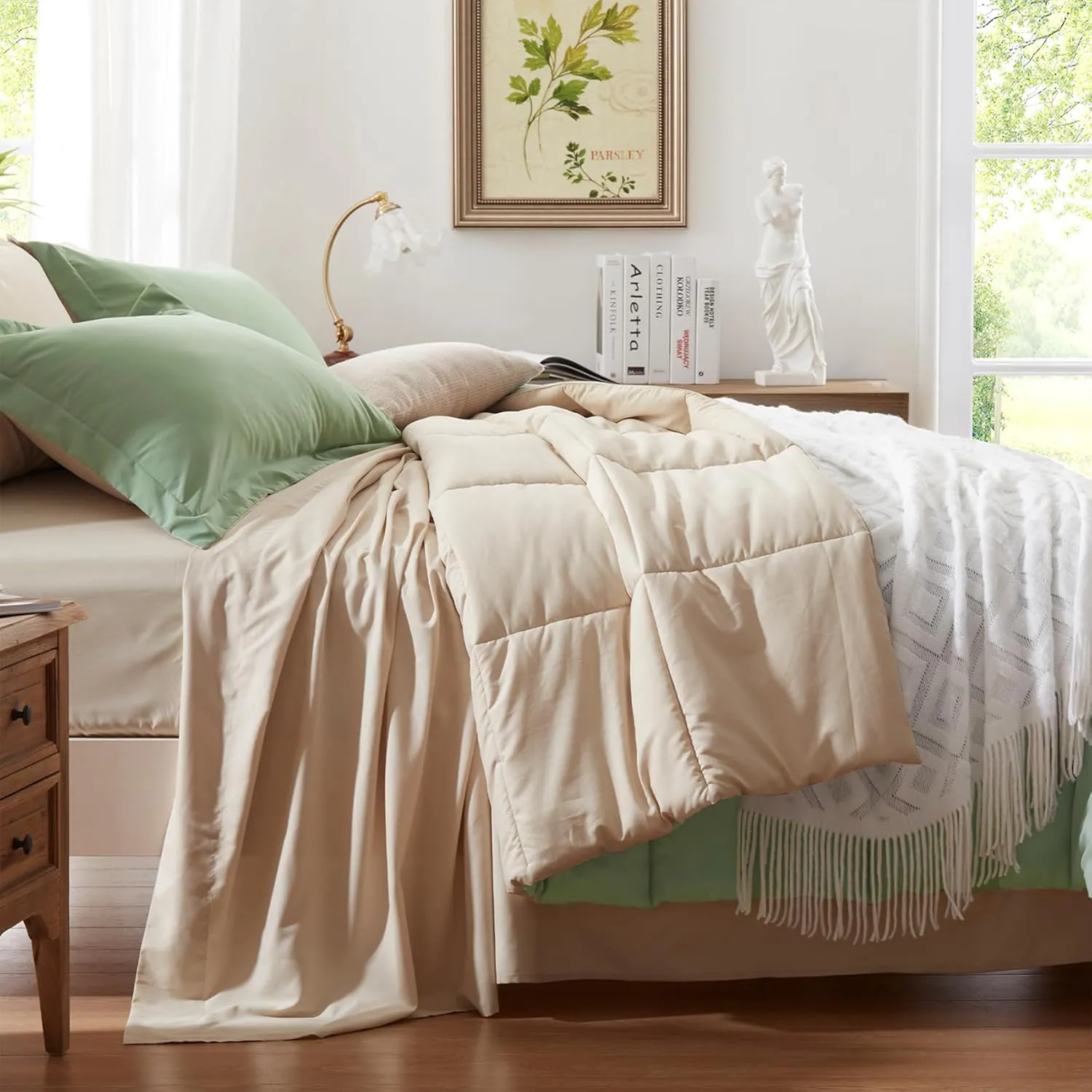 Anluoer Queen Comforter Set 7 Piece, Sage Green Bed in a Bag with Sheets, All Season Bedding Comforter Sets with 1 Comforter, 2 Pillow Shams, 2 Pillowcases, 1 Flat Sheet,1 Fitted Sheet
