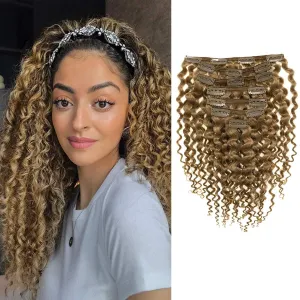 Anrosa Clip in Human Hair Extensions Jerry Curly Full Head 3B 3C Curly Clip In Hair Extensions Strawberry Blonde Remy Human Hair Curly Hair Extensions for Black Women 18 Inch 120g 7 Pieces