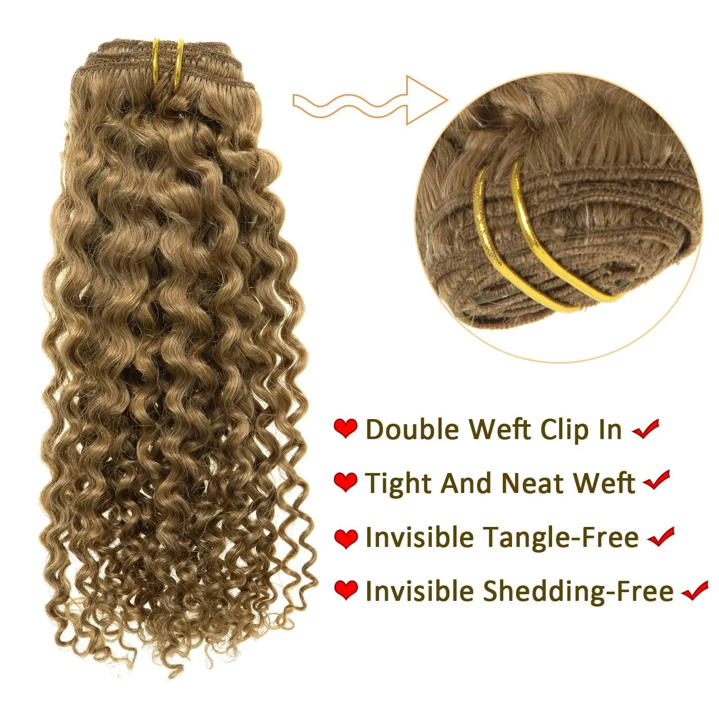 Anrosa Clip in Human Hair Extensions Jerry Curly Full Head 3B 3C Curly Clip In Hair Extensions Strawberry Blonde Remy Human Hair Curly Hair Extensions for Black Women 18 Inch 120g 7 Pieces