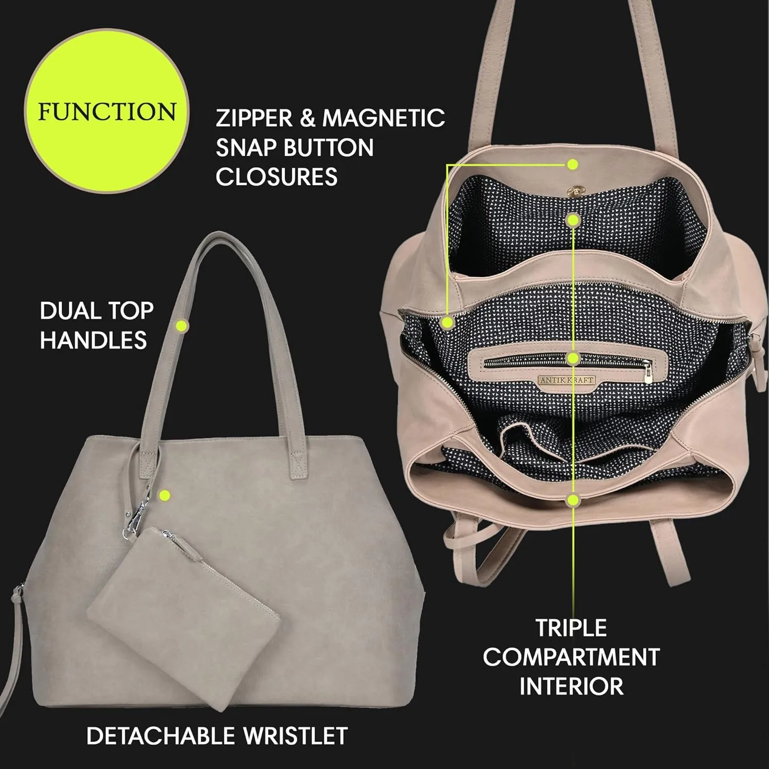 Antik Kraft Erica Tote | Dual Top Handle Tote Bag for Women | Vegan Leather Top-Handle Shoulder Bag