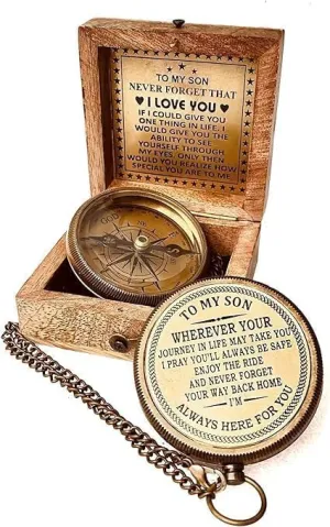 Antique Brass Compass 2 Inch to My Son Poem Engraved Comnpass with Wooden Box for Travelling Camping & Navigation Tool