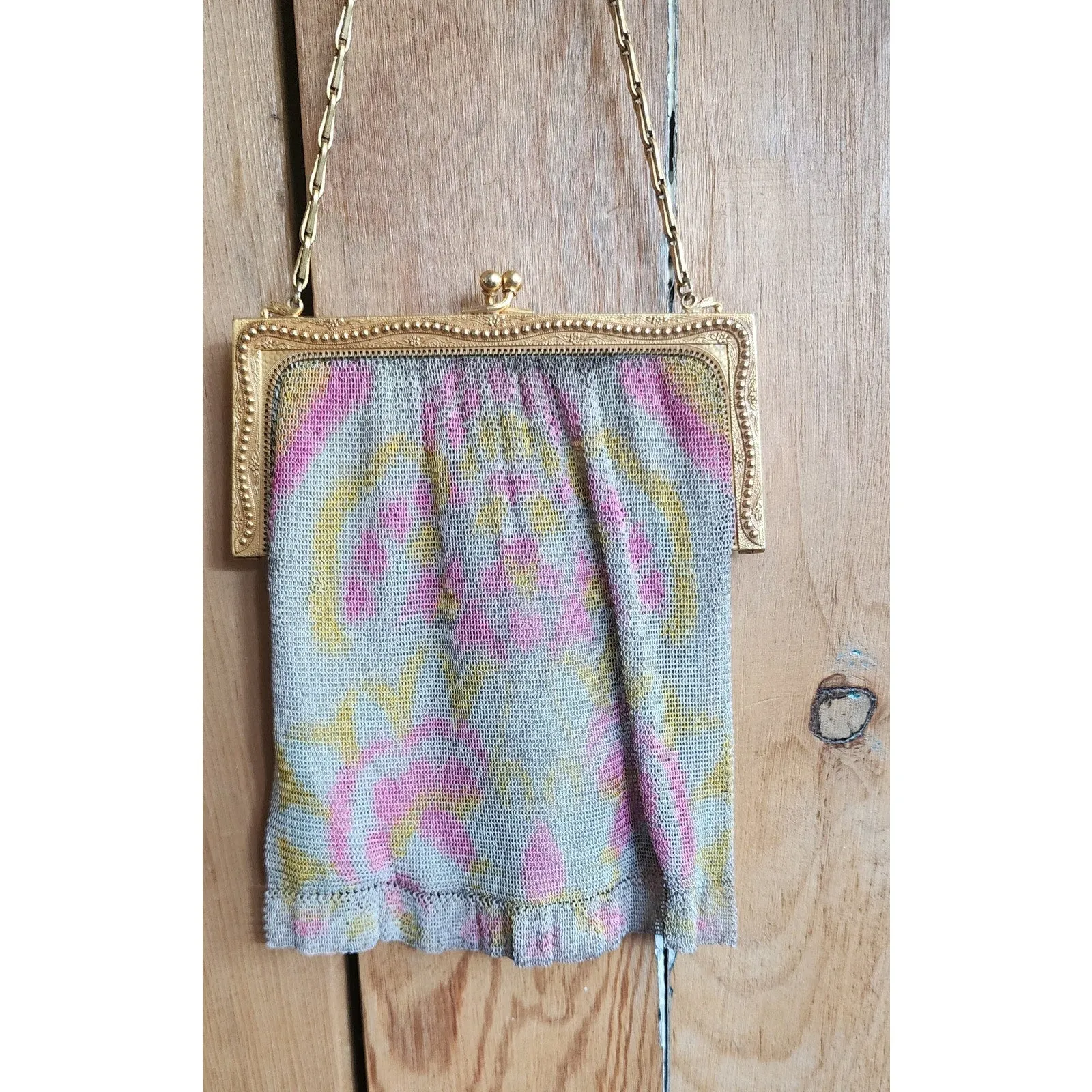 Antique Mesh Evening Bag 1900s 1910s Handpainted Watercolor Whiting Davis